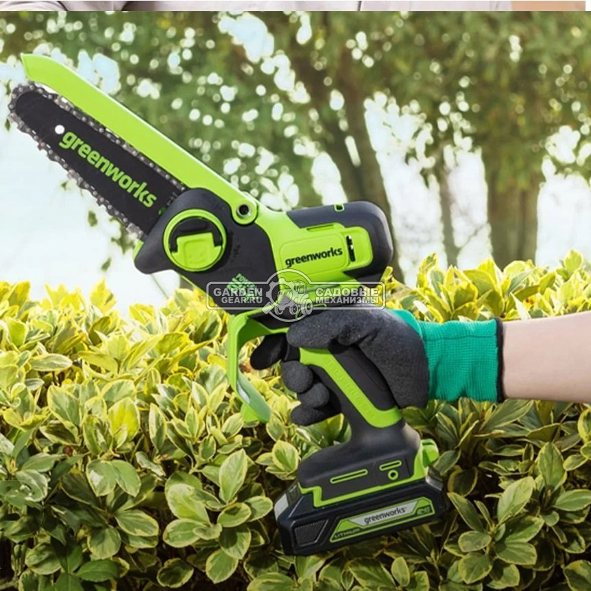 Аккумуляторный цепной сучкорез - минипила GreenWorks GD24CSMNX с АКБ 2 А/ч и ЗУ (PRC, BL 24В, шина 6"/15 см, 0.3"-1.1-32E, 1.1 кг)