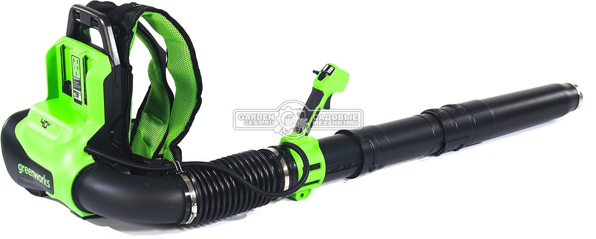 Воздуходувка аккумуляторная ранцевая GreenWorks АGD40BPG2 с АКБ 4 А/ч и ЗУ (PRC, BL 40В, 281 км/ч, 20 м3\мин, Turbo режим)