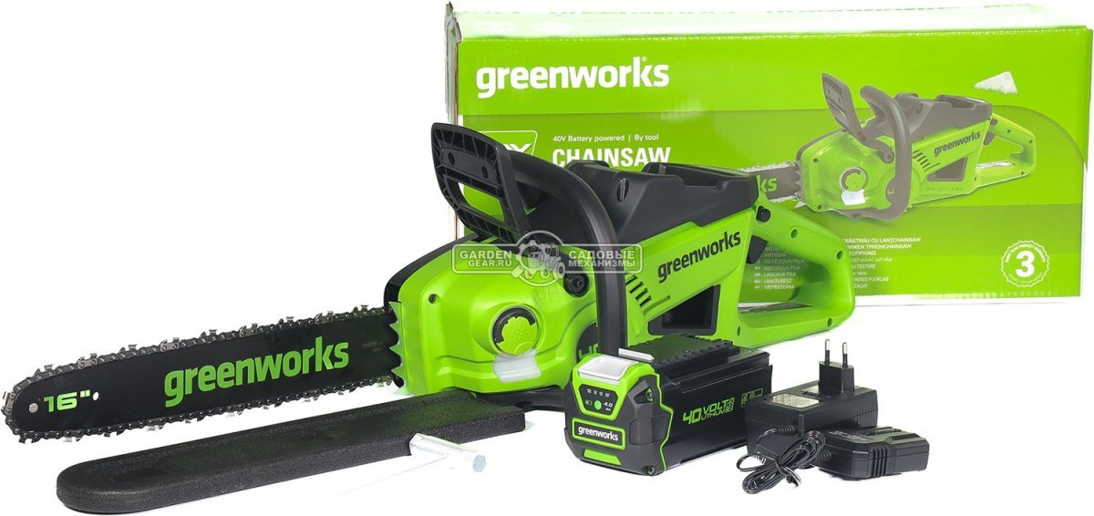 Пила аккумуляторная цепная GreenWorks GD40CS20X 16" c АКБ 4 А/ч и ЗУ (PRC, BL 40В, 3/8"-1.1-56E, 4.2 кг)
