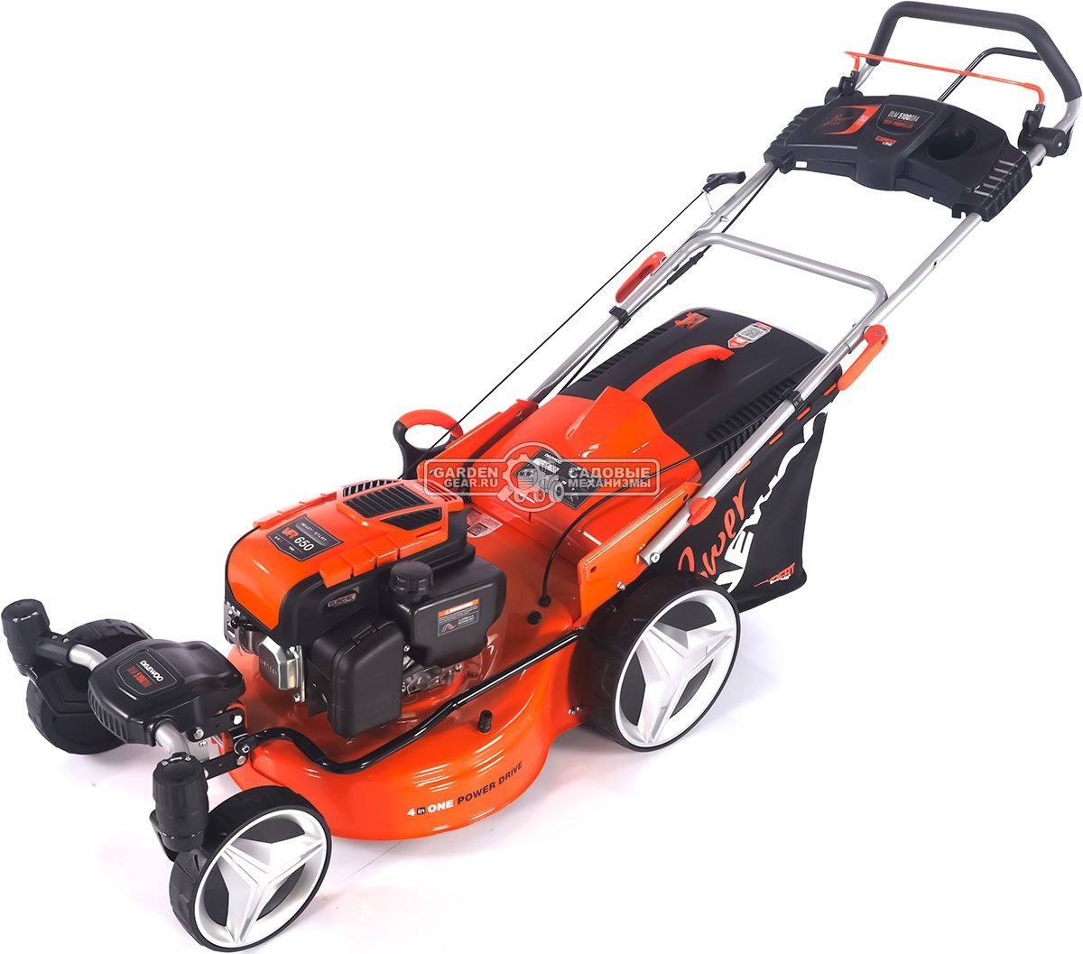 Газонокосилка бензиновая Daewoo DLM 5100SR4 с рояльными колесами (PRC, 50 см, Daewoo 165 см3, 70 л, TURBO X BLADE, сталь, 4 в 1, 32 кг)