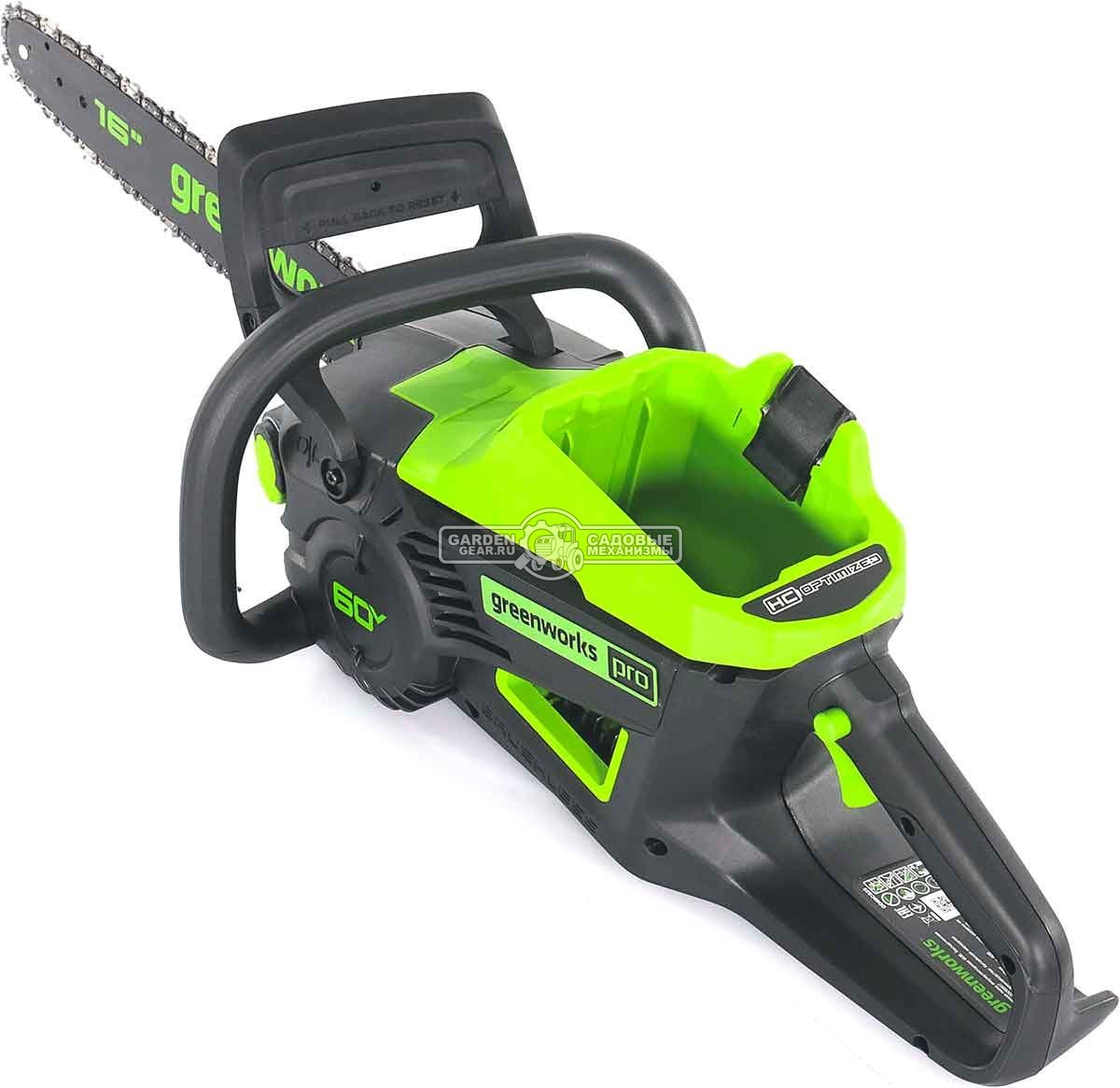 Пила аккумуляторная цепная GreenWorks GD60CS25 16" c АКБ 4 А/ч и ЗУ (PRC, BL 60В, 3/8"-1.3-56E, 4.7 кг)