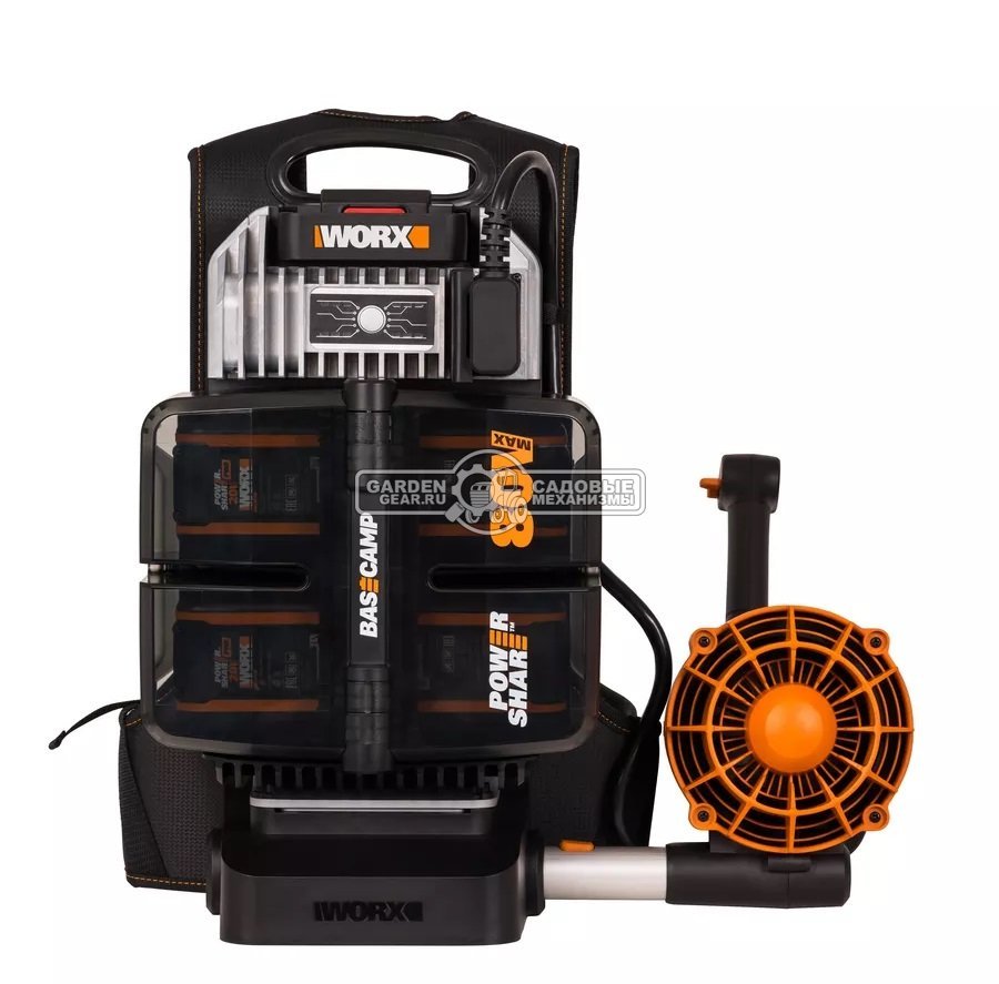 Воздуходувка аккумуляторная ранцевая Worx WG572E с 4 АКБ 4 А/ч и Base Camp ЗУ (PRC, BL 4x20В, 240 км/ч, 11 кг)