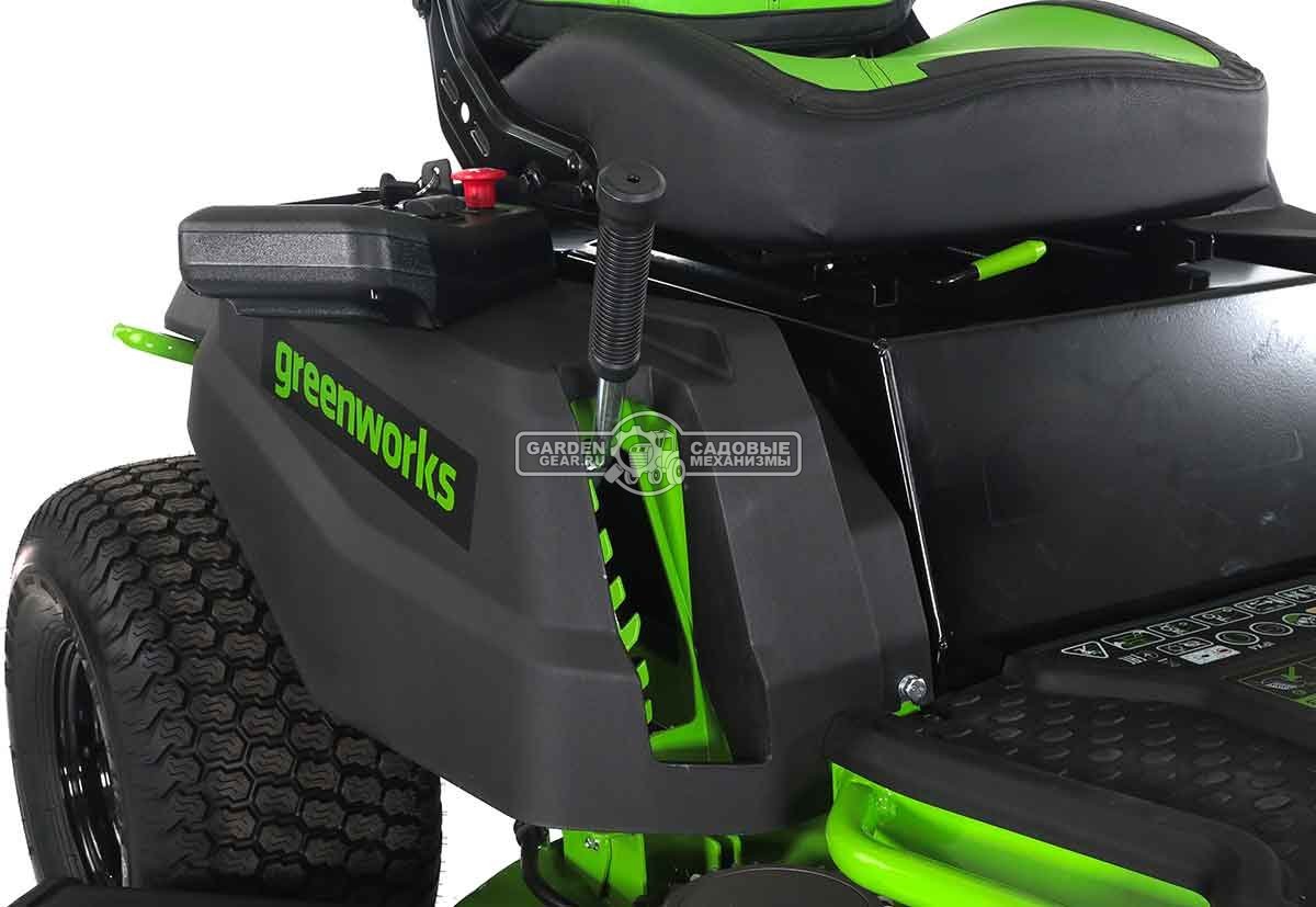 Садовый минирайдер GreenWorks GC82LT107 аккумуляторный с 6 АКБ 5 А/ч и ЗУ двойное 3 шт (PRC, BL 82В, 107 см, 6 слотов для АКБ, LED-фара, 207 кг)