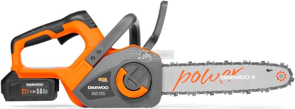 Пила аккумуляторная цепная Daewoo DACS 1221Li 12" SET с АКБ 5 А/ч и ЗУ (PRC, BL 21В, натяжение цепи без инструмента, 3/8"-1.1-45E, 3.8 кг)