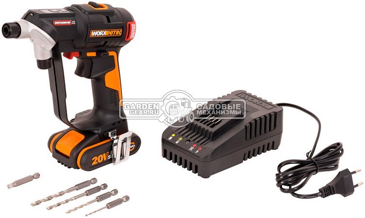 Дрель - шуруповерт аккумуляторная Worx Switchdriver WX177 с АКБ 2 А/ч и ЗУ (PRC, 20В, BL, 50 Нм, поворотный патрон, кейс, 0.82 кг)