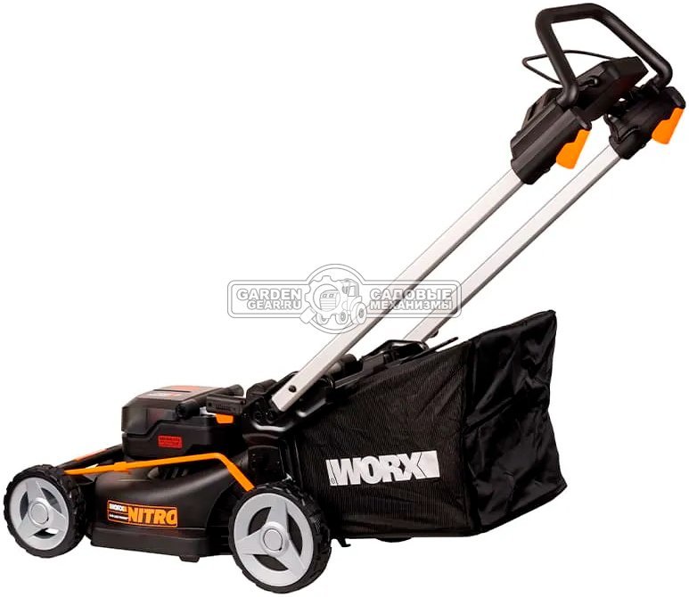 Газонокосилка аккумуляторная Worx WG748E с 2 АКБ 4 А/ч и ЗУ (PRC, BL 2х20В, 46 см, сталь, мульчирование, 55 л, 27.5 кг)