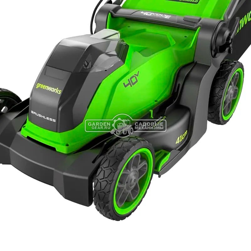 Газонокосилка аккумуляторная GreenWorks GD40LM411 с АКБ 4 А/ч и ЗУ (PRC, BL 40В, 41 см, пластик, мульчирование, 60 л, 16.5 кг)