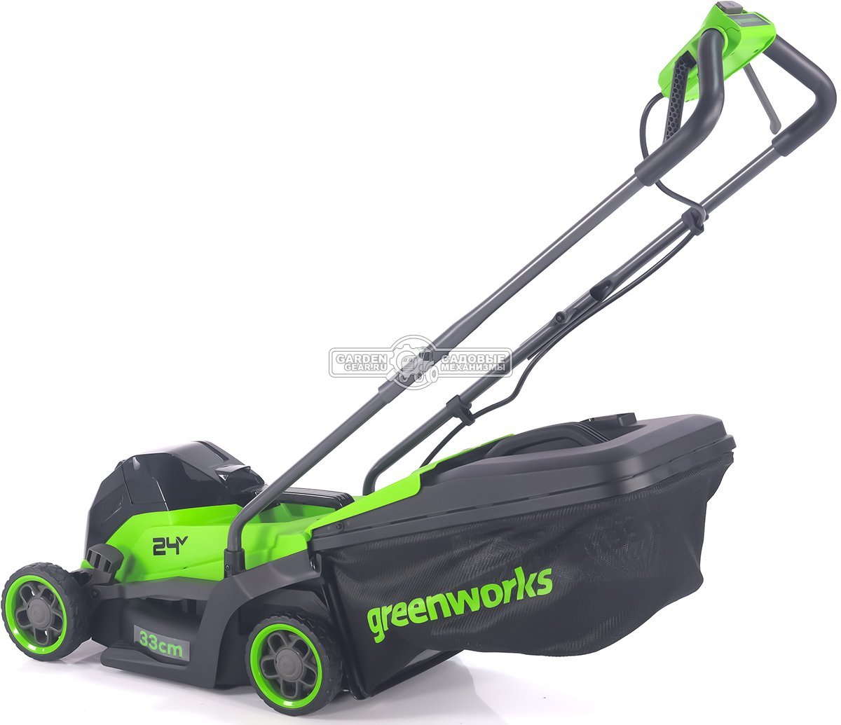 Газонокосилка аккумуляторная GreenWorks GD24LM331 с АКБ 4 А/ч и ЗУ (PRC, BL 24В, 33 см, пластик, мульчирование, травосборник 30 л, 9.9 кг)