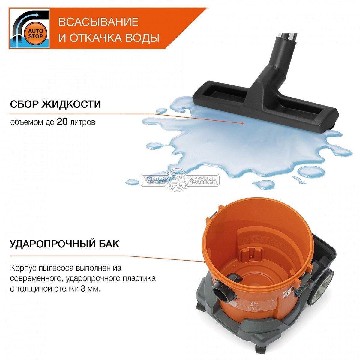 Пылесос Daewoo DAVC 2014 для сухой и влажной уборки (PRC, 1,4 кВт, 3000 л/мин, 230 мбар, контейнер 20 л., шланг 3 м., 7,1 кг.)