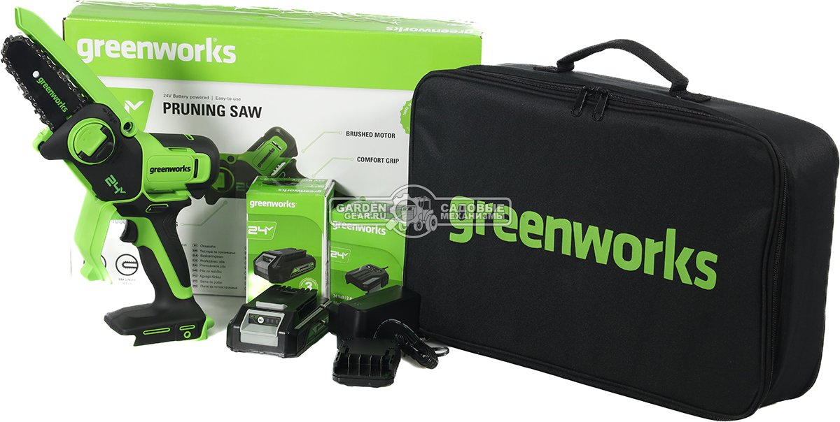 Аккумуляторный цепной сучкорез - минипила GreenWorks G24MCS10K2 с АКБ 2 А/ч и ЗУ (PRC, 24В, шина 4&quot;/10 см, 1/4&quot;-1.1-26E, 1.9 кг)