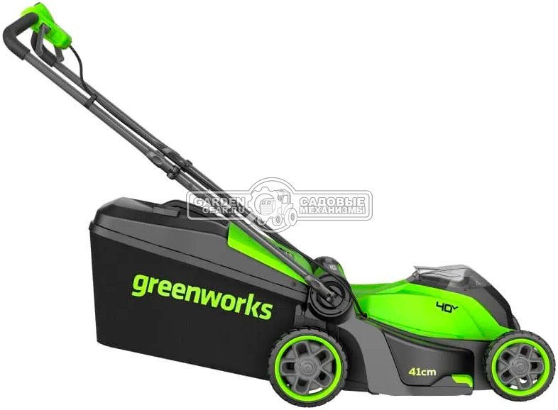 Газонокосилка аккумуляторная GreenWorks GD40LM411 с АКБ 4 А/ч и ЗУ (PRC, BL 40В, 41 см, пластик, мульчирование, 60 л, 16.5 кг)