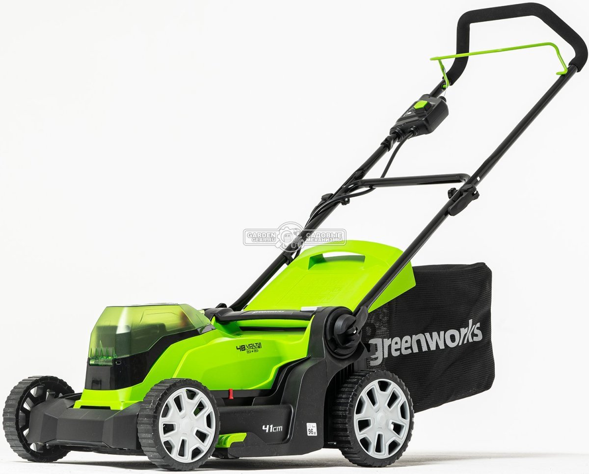 Газонокосилка аккумуляторная GreenWorks G24X2LM41 с 2 АКБ 4 А/ч и ЗУ (PRC, 2х24В, 41 см, пластик, мульчирование, 50 л, 18 кг)