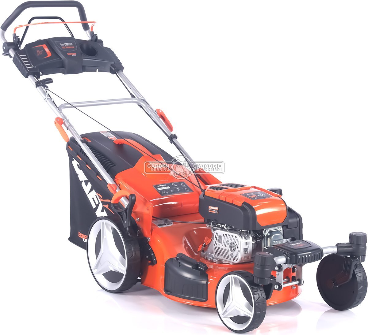 Газонокосилка бензиновая Daewoo DLM 5100SR4 с рояльными колесами (PRC, 50 см, Daewoo 165 см3, 70 л, TURBO X BLADE, сталь, 4 в 1, 32 кг)