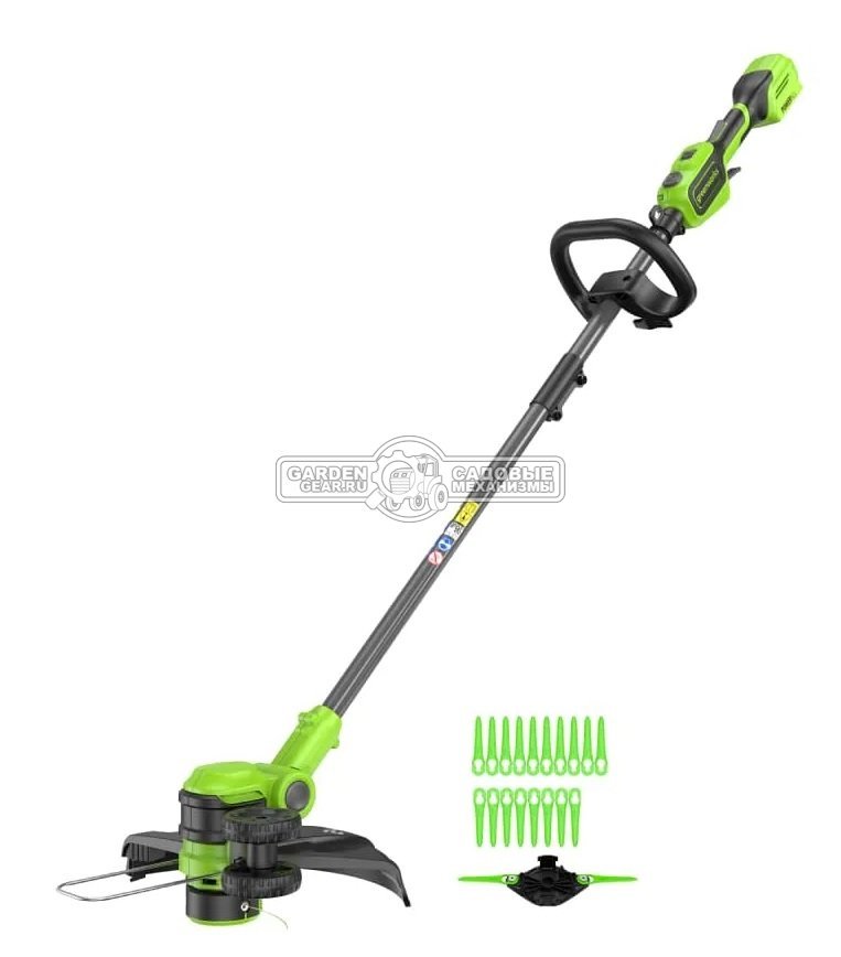 Триммер аккумуляторный GreenWorks GD24LT331 без АКБ и ЗУ (PRC, BL 24В, леска 2.0 мм + пласт. нож, разъем, ремень, 2.5 кг)