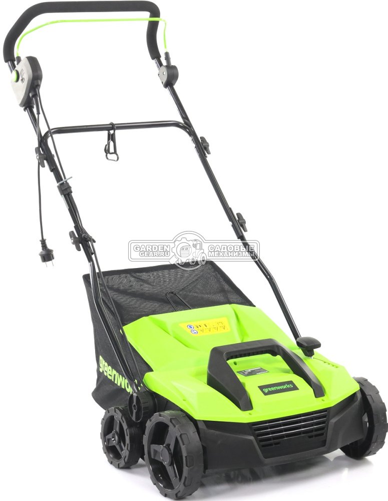 Вертикуттер - аэратор электрический GreenWorks GDT15 (PRC, 1500 Вт, 36 см., ножи + пружины, 45 л, 12.8 кг)