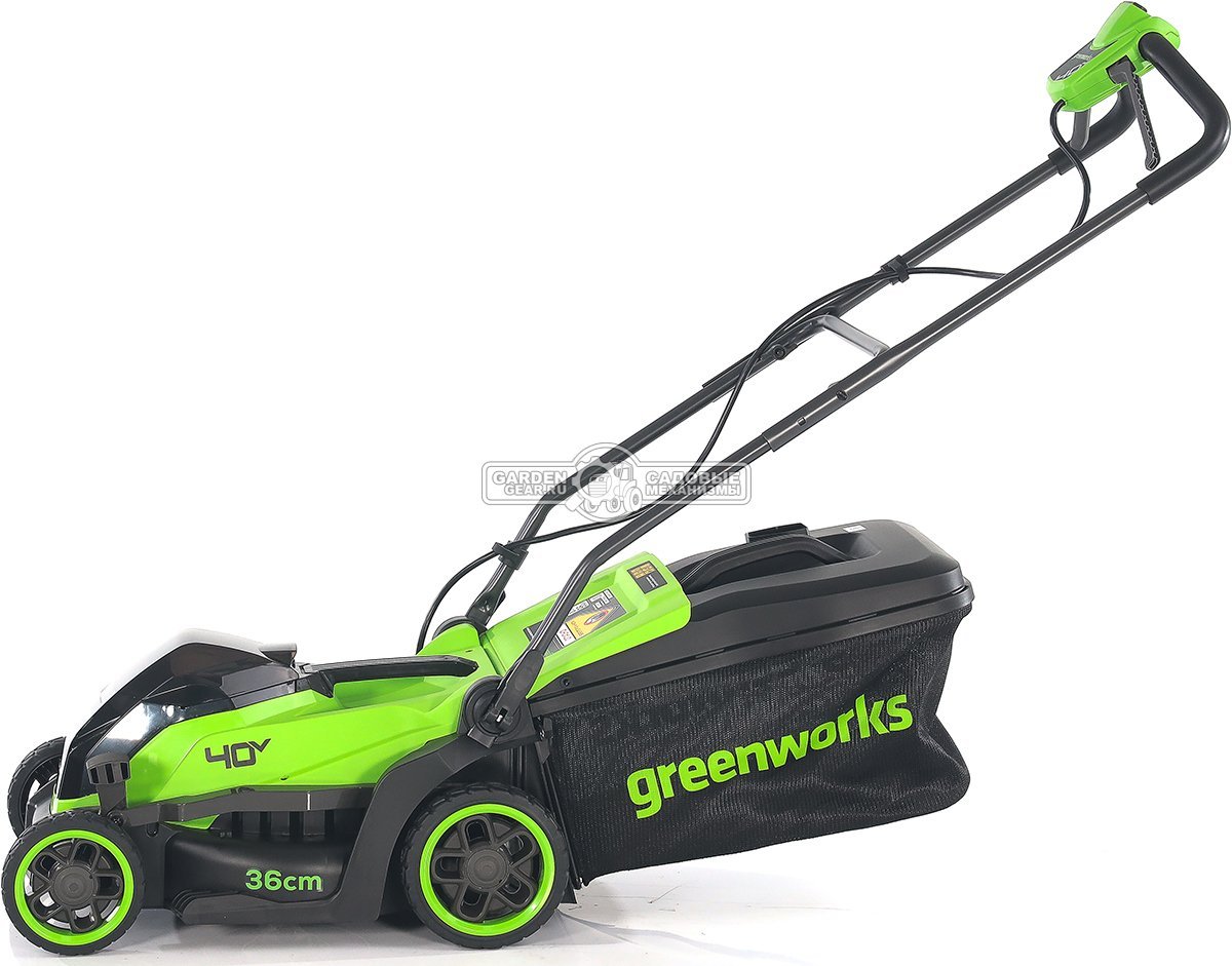 Газонокосилка аккумуляторная GreenWorks GD40LM361 без АКБ и ЗУ (PRC, BL 40В, 36 см, пластик, мульчирование, 40 л, 13 кг)