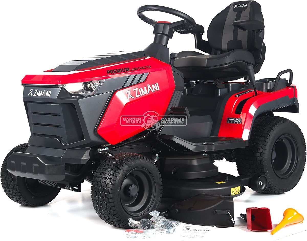 Садовый трактор ZimAni TS108HVD MY2025 (PRC, Loncin 586 куб.см., гидростатика, дифференциал, боковой выброс, шир. кошения 108 см, LED панель, 175 кг)