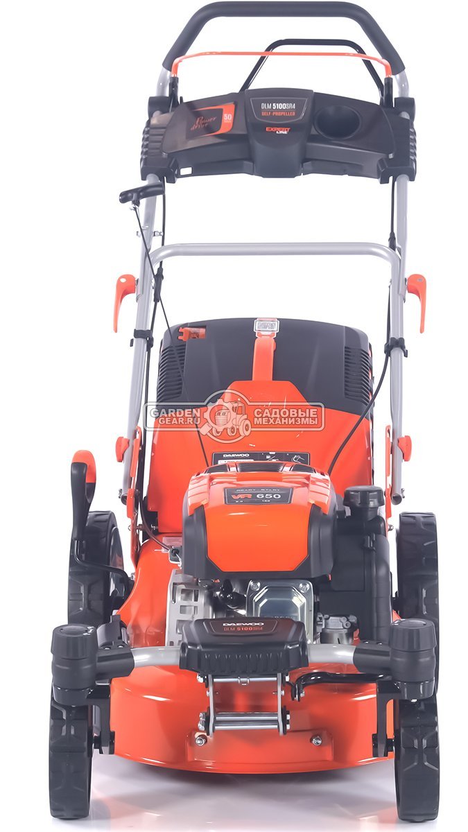 Газонокосилка бензиновая Daewoo DLM 5100SR4 с рояльными колесами (PRC, 50 см, Daewoo 165 см3, 70 л, TURBO X BLADE, сталь, 4 в 1, 32 кг)