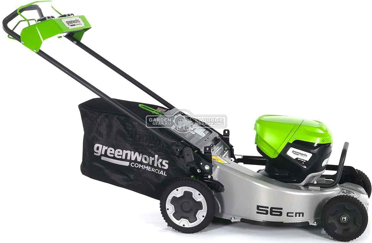 Газонокосилка аккумуляторная самоходная GreenWorks LM221S без АКБ и ЗУ (PRC, BL 82В, 56 см, 4.0 кВт, алюминий, 2 слота для АКБ, мульч., 65 л, 53 кг)