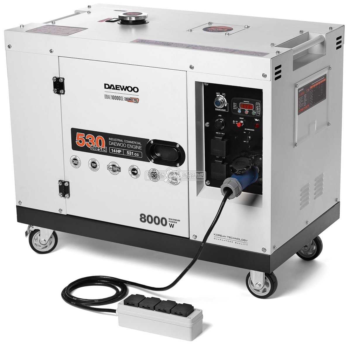 Дизельный генератор Daewoo DDAE 10000SE 2024 в шумозащитном кожухе (PRC, 531 см3, 14 л.с., 7.2/8.0 кВт, электростарт, колеса, ATS, 16 л, 160 кг)