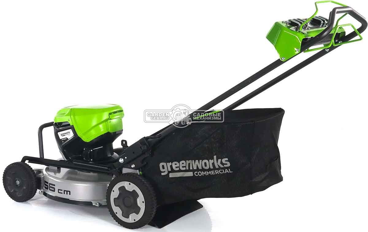 Газонокосилка аккумуляторная самоходная GreenWorks LM221S без АКБ и ЗУ (PRC, BL 82В, 56 см, 4.0 кВт, алюминий, 2 слота для АКБ, мульч., 65 л, 53 кг)
