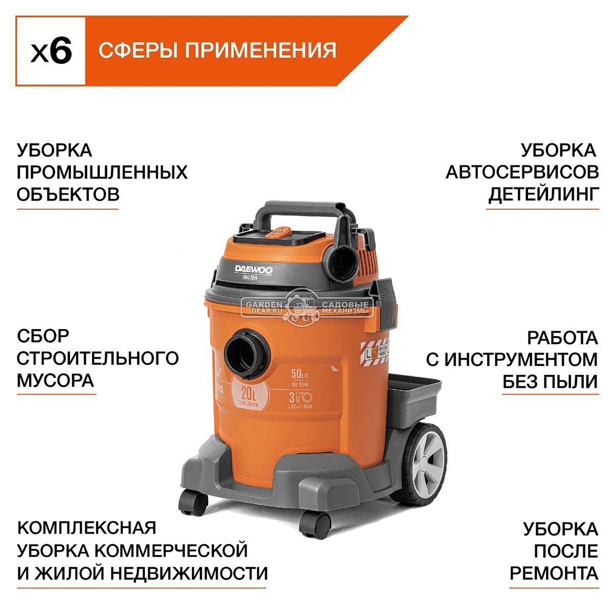 Пылесос Daewoo DAVC 2014 для сухой и влажной уборки (PRC, 1,4 кВт, 3000 л/мин, 230 мбар, контейнер 20 л., шланг 3 м., 7,1 кг.)