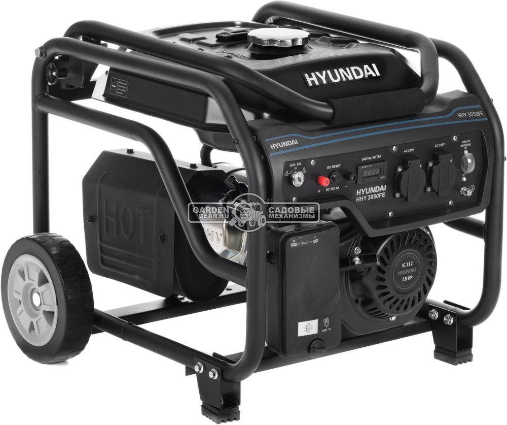 Бензиновый генератор Hyundai HHY 3050FE  (PRC, Hyundai, 208 см3, 2,8/3,0 кВт, 15 л, электро стартер, комплект колёс, 51,5 кг)