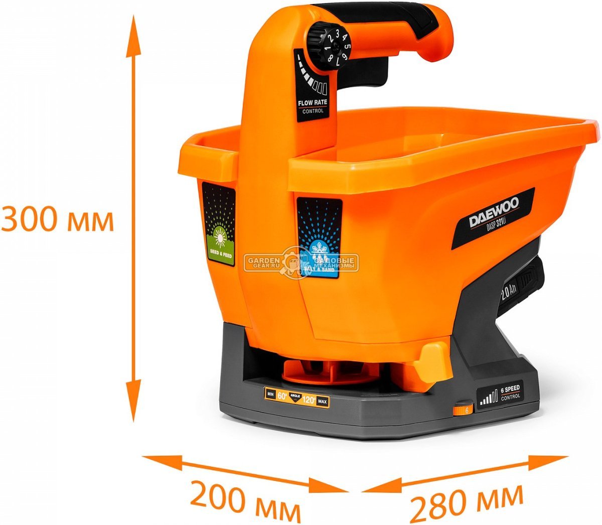 Сеялка - разбрасыватель аккумуляторная Daewoo DASP 321Li без АКБ и ЗУ для удобрений, песка и реагентов (PRC, Li-Ion 21В, ёмкость 3 л., до 3 м., 2 кг.)