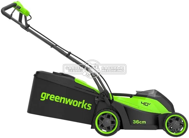 Газонокосилка аккумуляторная GreenWorks GD40LM361 с АКБ 4 А/ч и ЗУ (PRC, BL 40В, 36 см, пластик, мульчирование, 40 л, 13 кг)