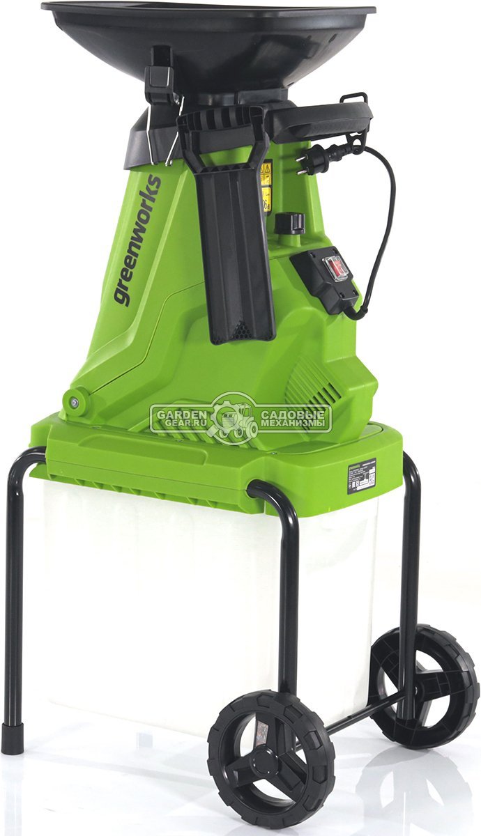 Садовый измельчитель веток электрический GreenWorks GW-2800SD (PRC, 2800 Вт, ветки до 40 мм, контейнер 40 л, 15 кг)