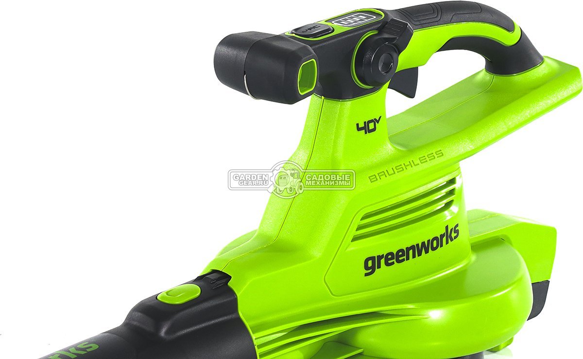 Пылесос - воздуходувка аккумуляторная GreenWorks GD40BVII с АКБ 4 А/ч и ЗУ (PRC, BL 40В, 370 км/ч, 4.5 кг)