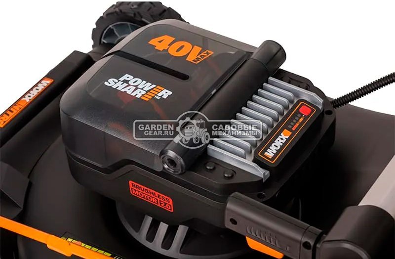 Газонокосилка аккумуляторная Worx WG748E с 2 АКБ 4 А/ч и ЗУ (PRC, BL 2х20В, 46 см, сталь, мульчирование, 55 л, 27.5 кг)