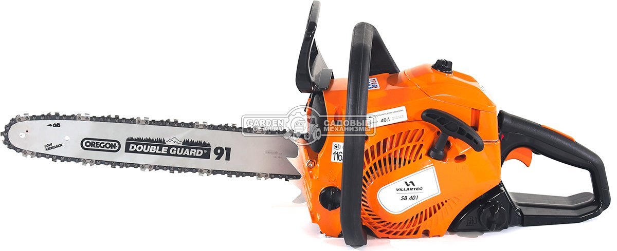 Бензопила Villartec SB401 16" + 2Т 100 мл, масло д/цепи 1 л, запасная цепь (PRC, 40.2 куб.см., 1,8 кВт/ 2.4 л.с., 3/8"-1.3-56E, 4.8 кг)
