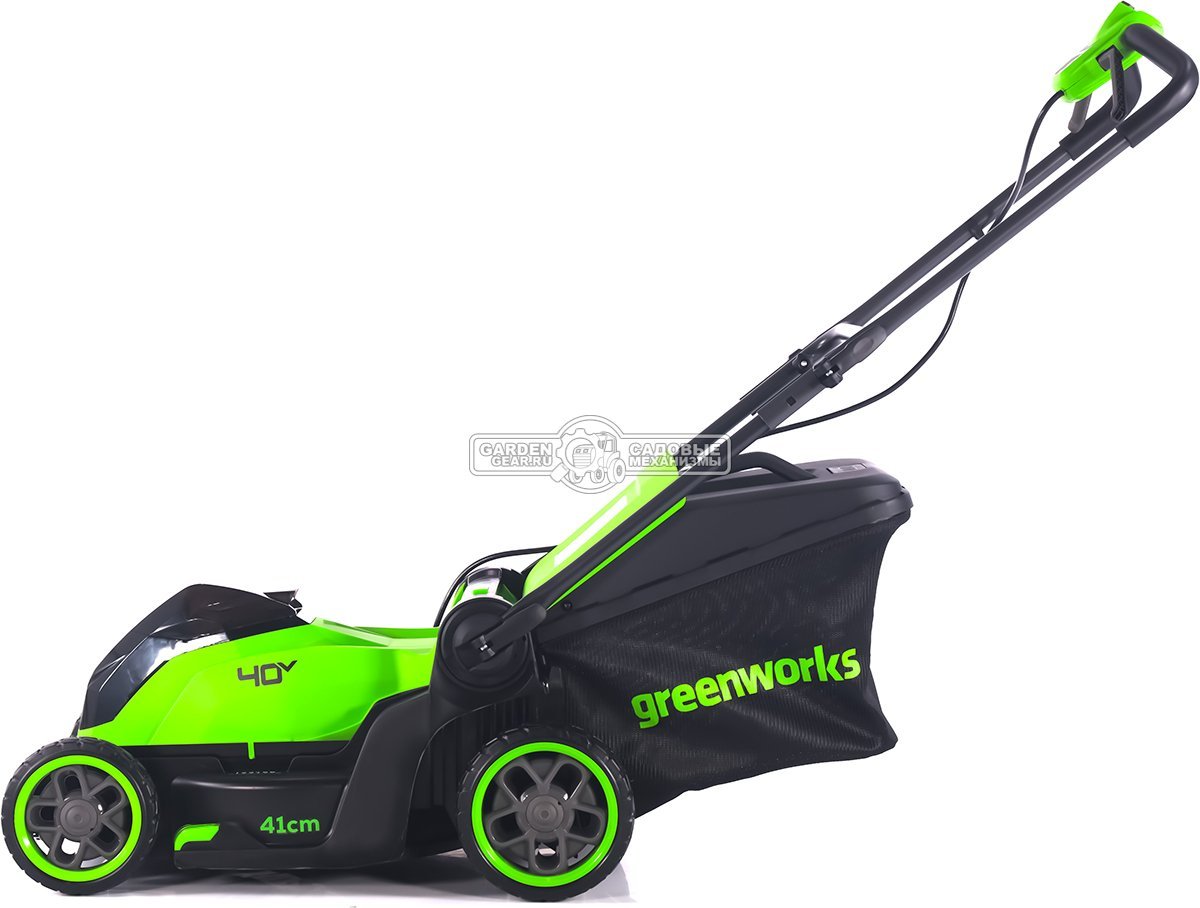 Газонокосилка аккумуляторная GreenWorks GD40LM411 с АКБ 5 А/ч и ЗУ (PRC, BL 40В, 41 см, пластик, мульчирование, 60 л, 16.5 кг)