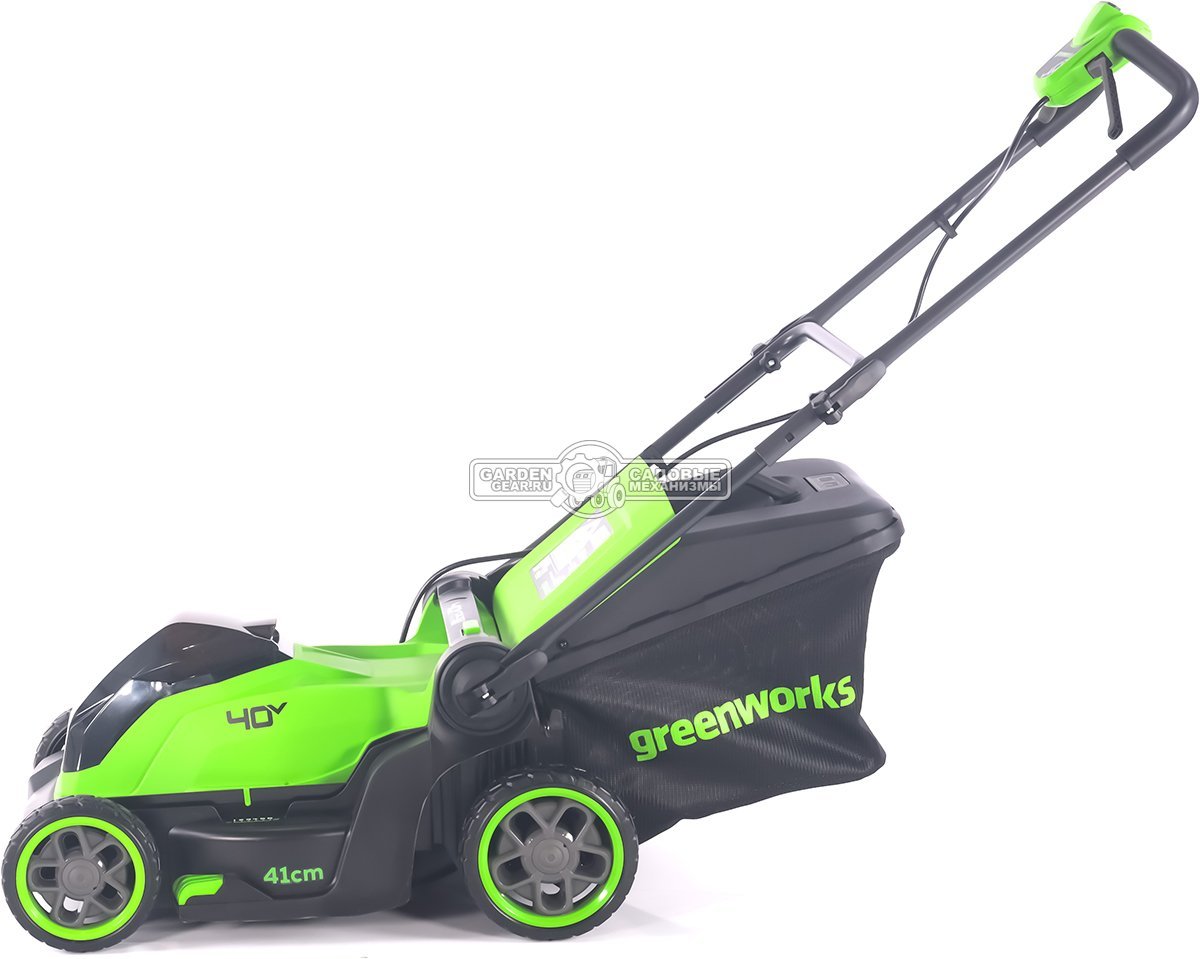 Газонокосилка аккумуляторная GreenWorks GD40LM411 с АКБ 5 А/ч и ЗУ (PRC, BL 40В, 41 см, пластик, мульчирование, 60 л, 16.5 кг)