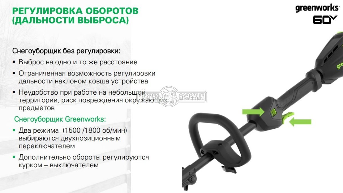 Снегоуборщик аккумуляторный / лопата GreenWorks GD60SS2 без АКБ и ЗУ (PRC, BL 60В, ширина 30 см, направляюшая выброса, 7.5 кг)