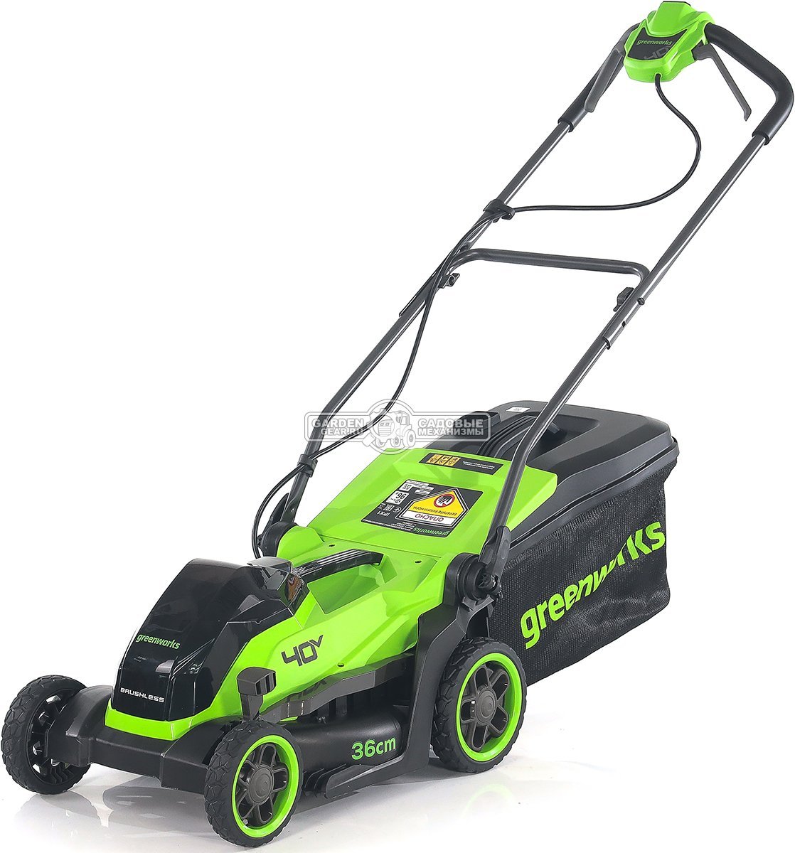 Газонокосилка аккумуляторная GreenWorks GD40LM361 без АКБ и ЗУ (PRC, BL 40В, 36 см, пластик, мульчирование, 40 л, 13 кг)