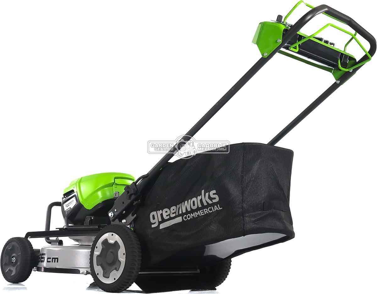 Газонокосилка аккумуляторная самоходная GreenWorks LM221S без АКБ и ЗУ (PRC, BL 82В, 56 см, 4.0 кВт, алюминий, 2 слота для АКБ, мульч., 65 л, 53 кг)