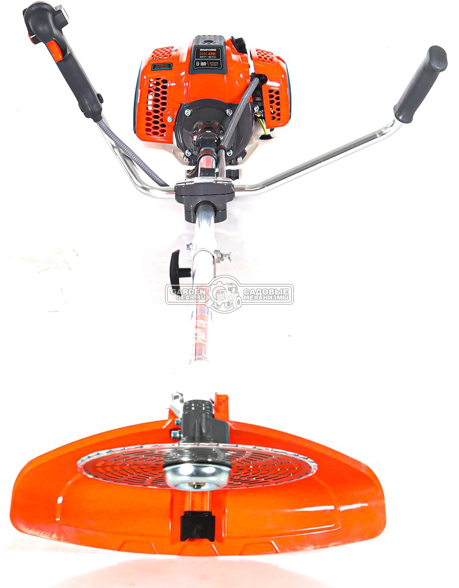 Бензокоса Daewoo DABC 420E с электрозапуском (PRC, 41.7 куб.см., 1.47 кВт/2.0 л.с., леска 2,4 мм + пильный диск, Т-рукоятка, разборная штанга, 9,2 кг)