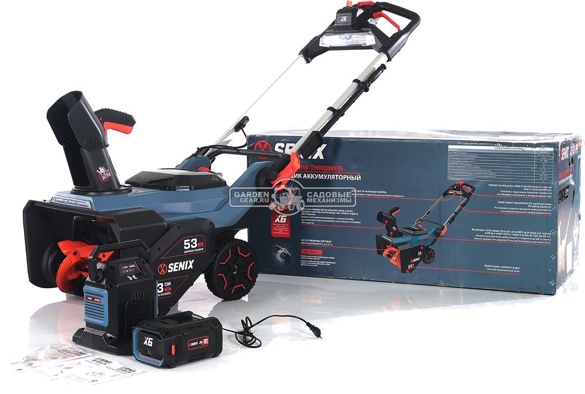 Снегоуборщик аккумуляторный Senix STX6-H-EU с АКБ 6 А/ч и ЗУ (PRC, Li-ion BL 60В, 3500 Вт, ширина 53 см, LED фара, подогрев рукоятки, 15 кг)