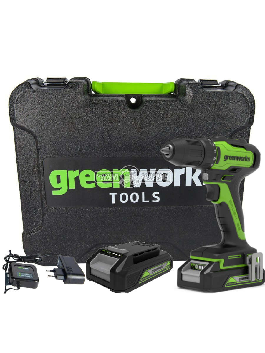 Дрель - шуруповерт аккумуляторная GreenWorks GD24DD35 с АКБ 2 А/ч и ЗУ (PRC, BL 24В, 35 Нм, 1.3 кг)