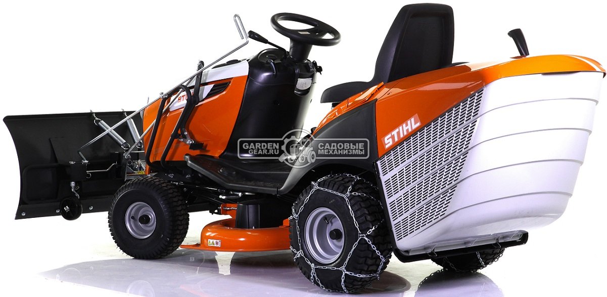 Снегоуборочный трактор для дачи Stihl RT 5097.1 с отвалом и цепями (AUT, Stihl EVC 4000, 452 куб.см., гидростатика, травосборник 250 л., 228 кг.)