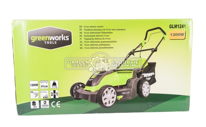 Газонокосилка электрическая GreenWorks GLM1241 (PRC, 40 см, 1200 Вт, пластик, мульчирование, 50 л, 17 кг)
