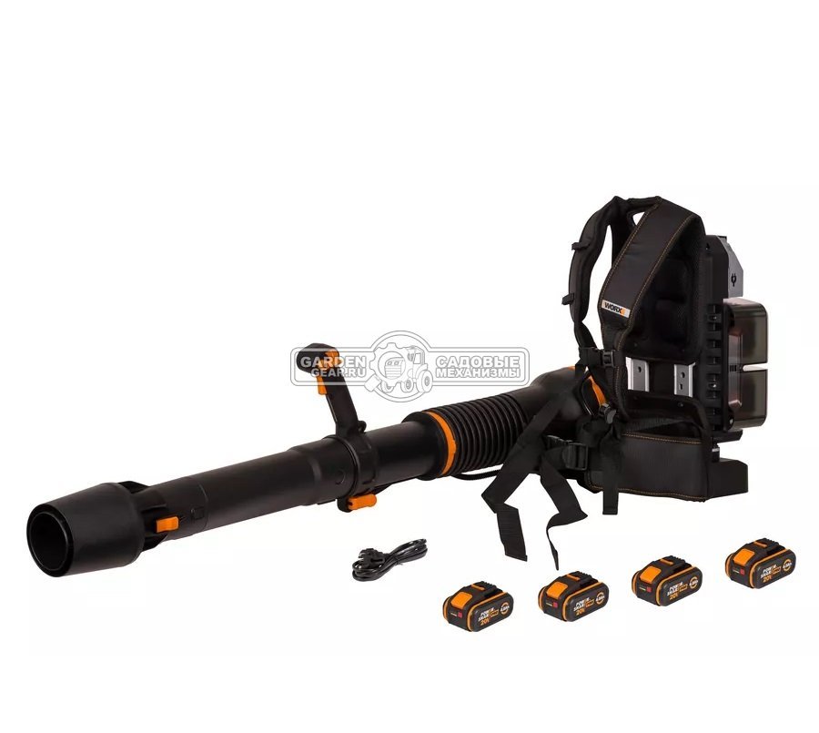 Воздуходувка аккумуляторная ранцевая Worx WG572E с 4 АКБ 4 А/ч и Base Camp ЗУ (PRC, BL 4x20В, 240 км/ч, 11 кг)