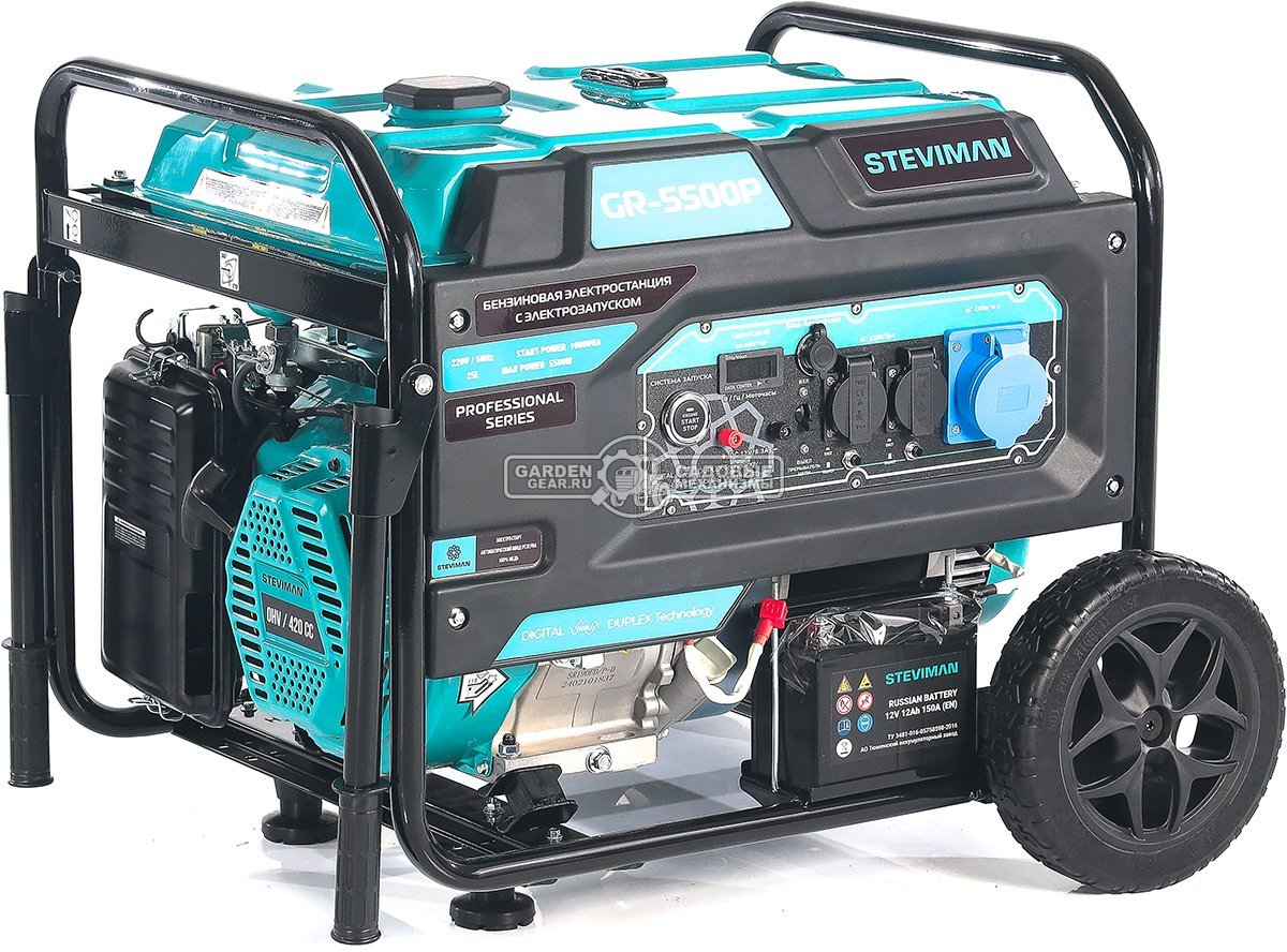 Бензиновый генератор Steviman GR-5500P (RUS, 420 см3, 5.0/5.5 кВт, 25 л, электростарт + разъем АВР, колеса, 83,5 кг)