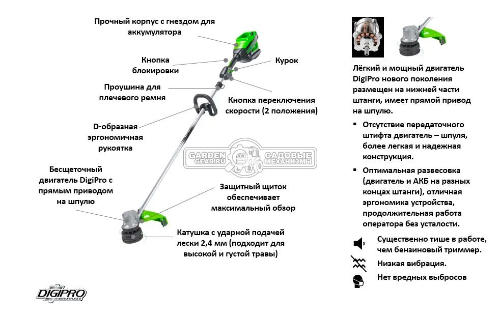 Триммер аккумуляторный GreenWorks GD82LT без АКБ и ЗУ (PRC, BL 82В, леска 2.4 мм, D-рукоятка, 4.25 кг)