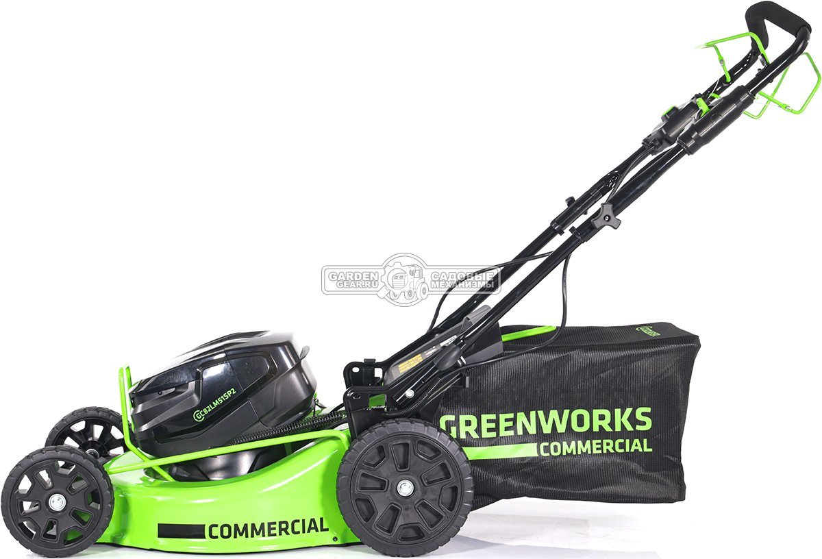 Газонокосилка аккумуляторная самоходная GreenWorks GC82LM51SP2 без АКБ и ЗУ (PRC, BL 82В, 51 см, сталь, 2 слота под АКБ, 3 в 1, 60 л, 31.2 кг)