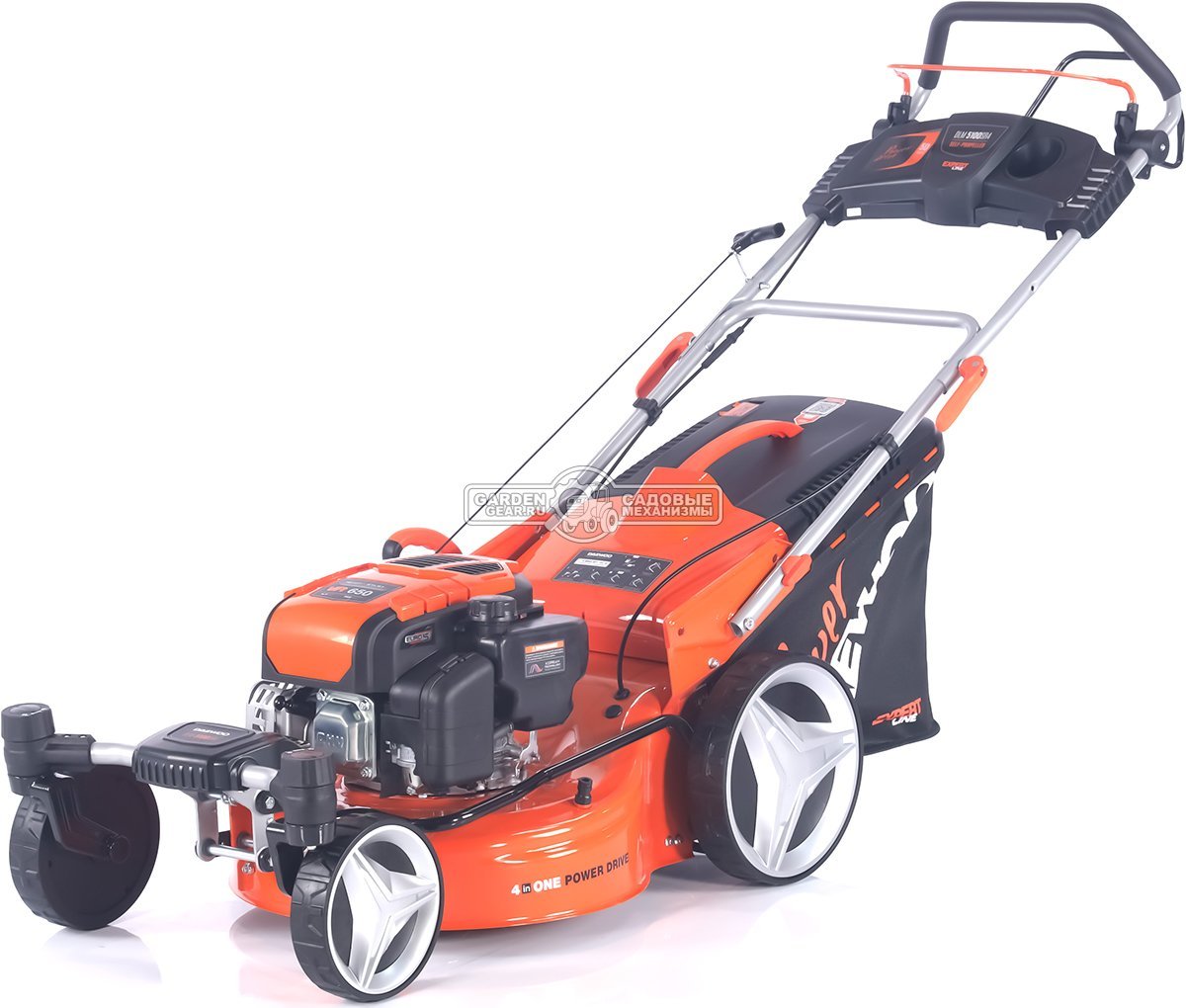 Газонокосилка бензиновая Daewoo DLM 5100SR4 с рояльными колесами (PRC, 50 см, Daewoo 165 см3, 70 л, TURBO X BLADE, сталь, 4 в 1, 32 кг)