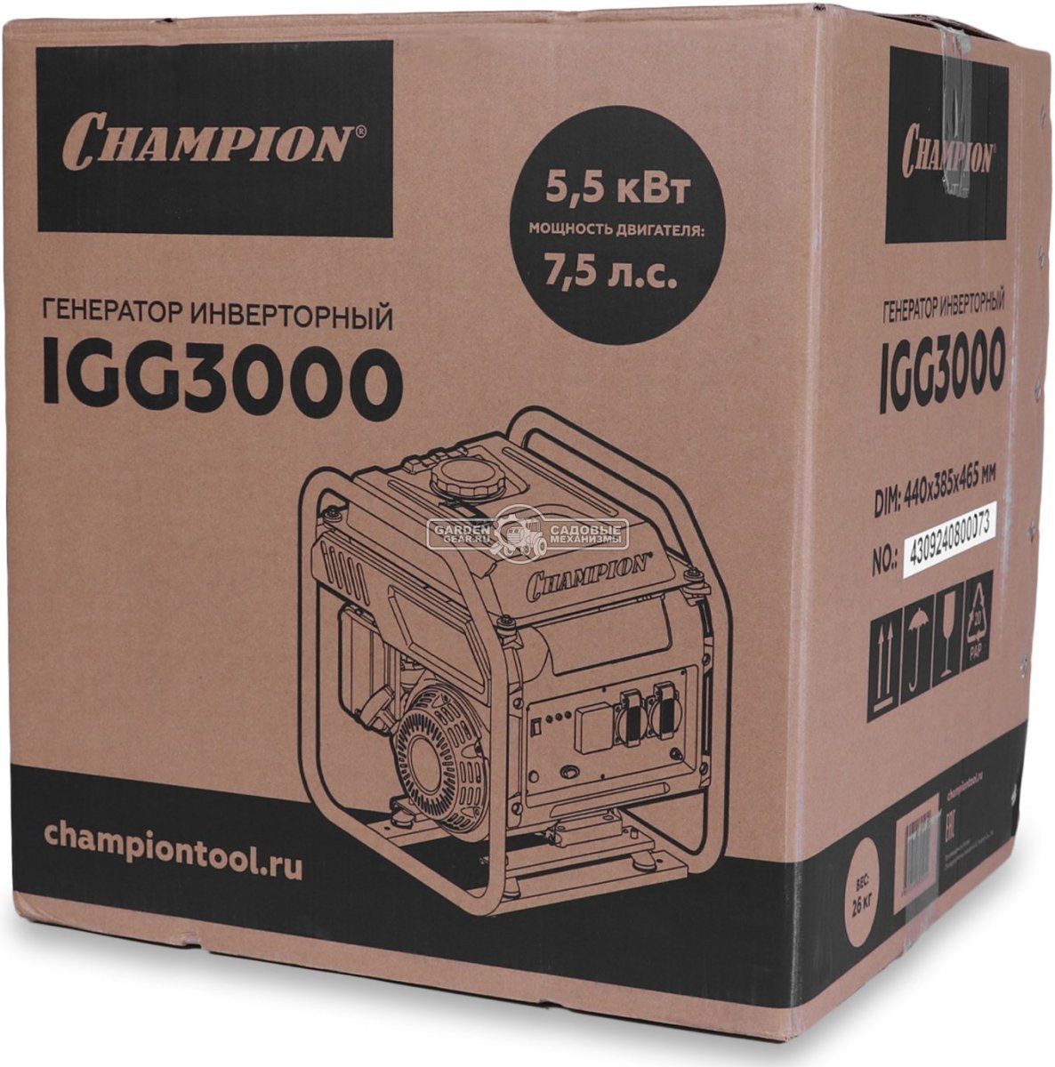 Бензиновый генератор инверторный Champion IGG3000 (PRC, 2,8/2,9кВт, 7,5лс, 7л, 26кг)