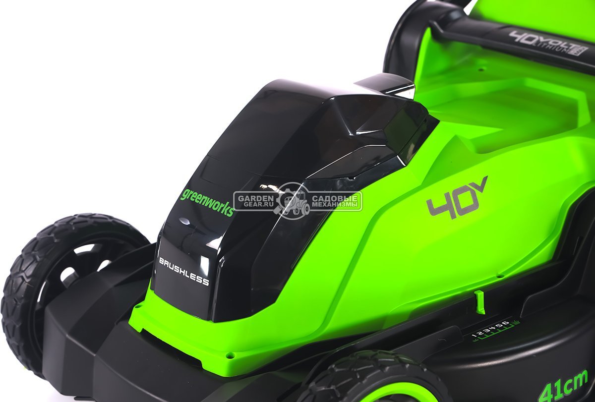Газонокосилка аккумуляторная GreenWorks GD40LM411 с АКБ 5 А/ч и ЗУ (PRC, BL 40В, 41 см, пластик, мульчирование, 60 л, 16.5 кг)